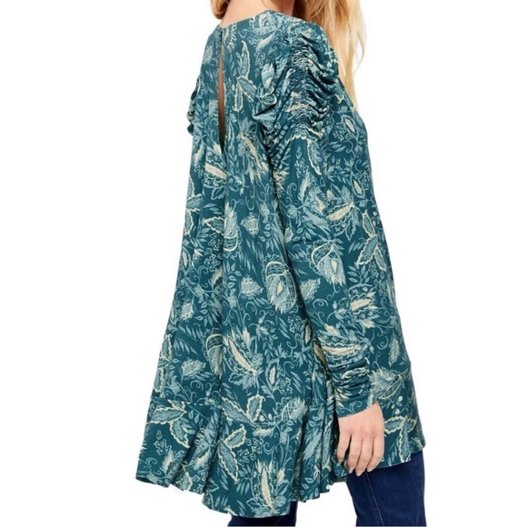 Free People Ruched Puff Sleeve Turquoise Floral Print Tunic Blouse Top Dress - Picture 6 of 12